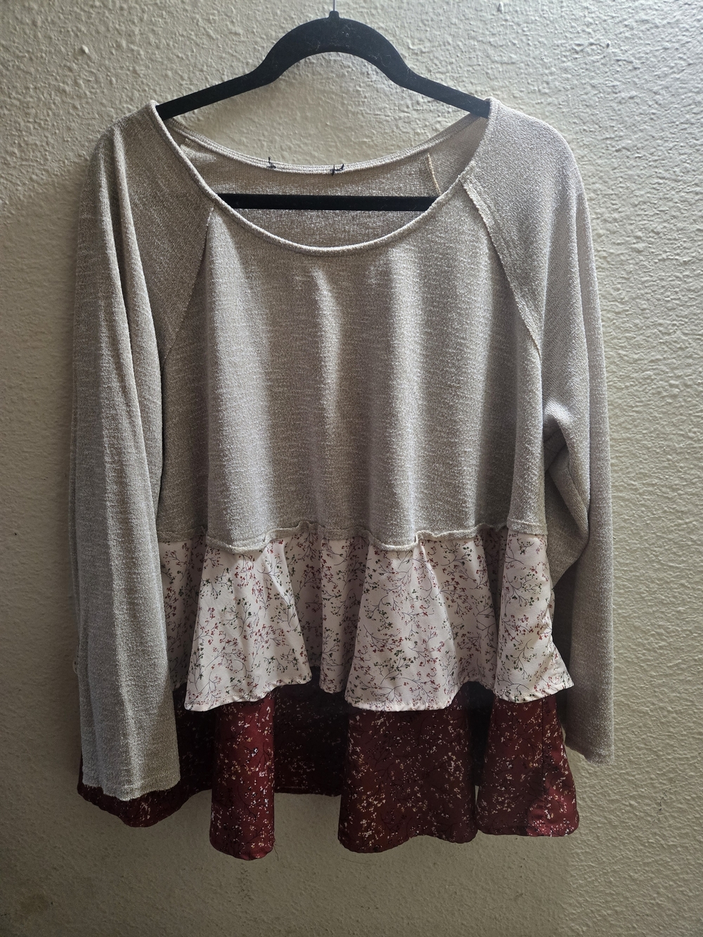 Layered Ruffle Hem Long Sleeve Top in Beige and Burgundy